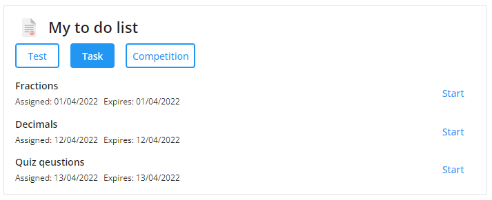 screenshot of task student view