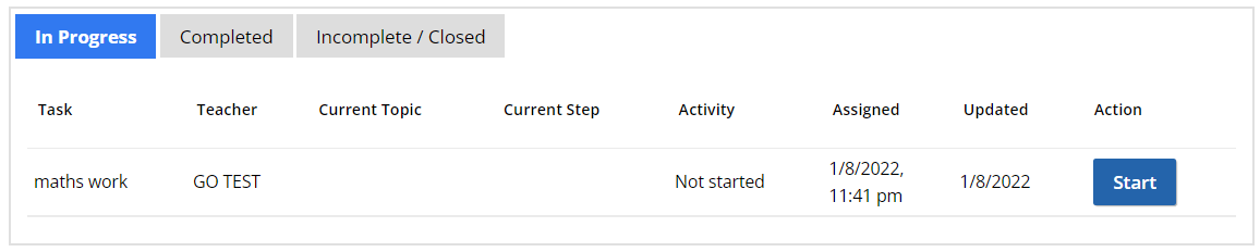 screenshot of student task start