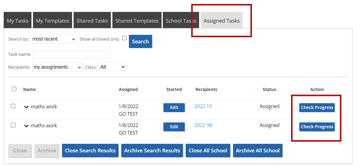 screenshot of assigned task progess