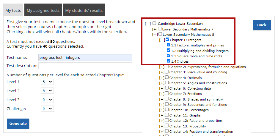 screenshot of test select course 2